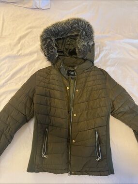 YMI Olive Green Quilted Puffer Jacket with Faux Fur Trim Hood